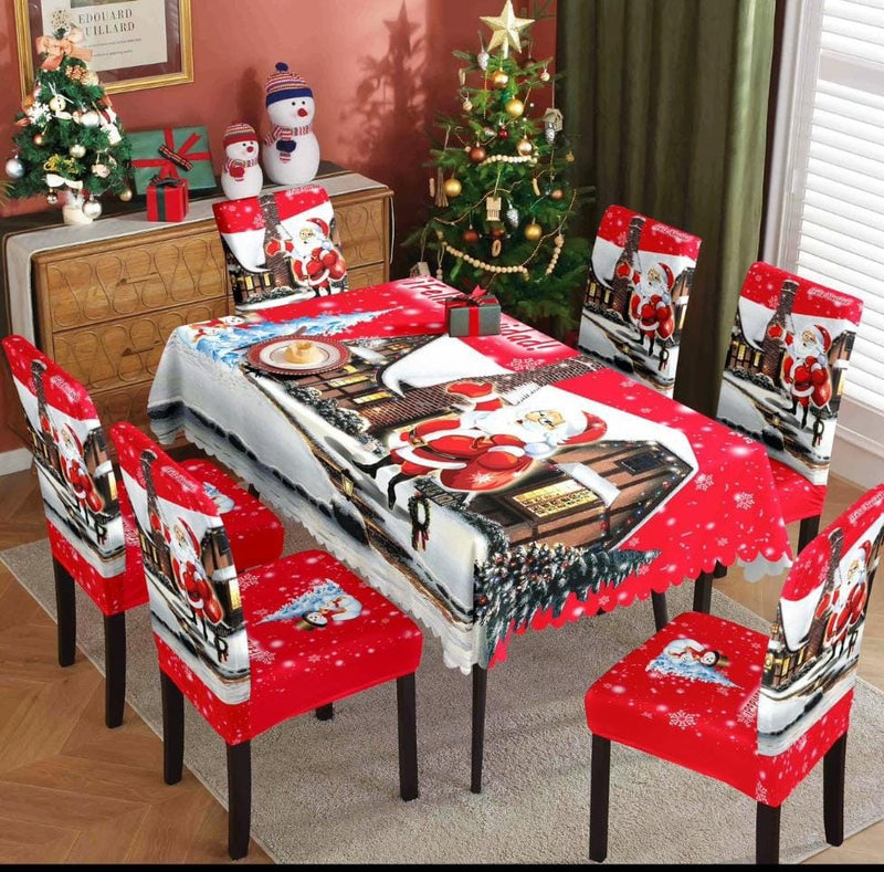 FUNDAS NAVIDEÑAS PARA JUEGOS DE COMEDOR + MANTEL PARA MESA| 7 PZ